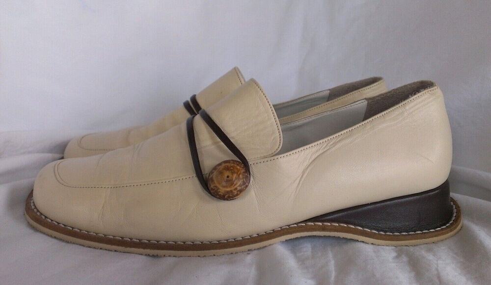 Renouard Plancoet Women's Bone White Tan Wooden Button Loafers Size 41 - US 10.5